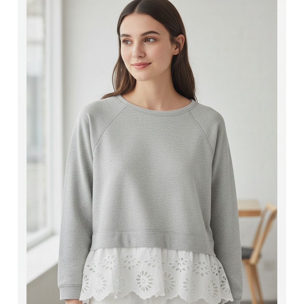 Cupio M Women's Gray Lace Sweatshirt Top Casual Peplum Cottage Boho Chic